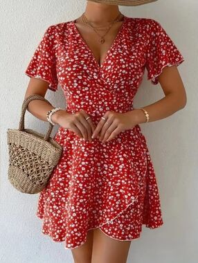 Red Floral Wrap Mini Dress - Womens Spring Summer Dress-Full & Plus Sizes